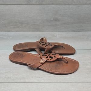 Tory Burch Logo Women's Brown Leather Sandals Slide Shoes Sz 8.5M